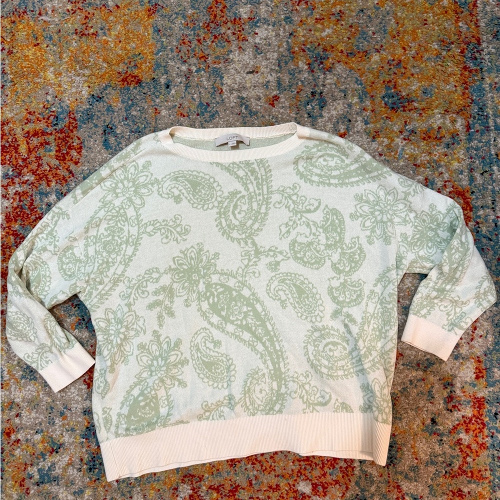 LOFT Green and White Crew Neck Knit Paisley Sweater